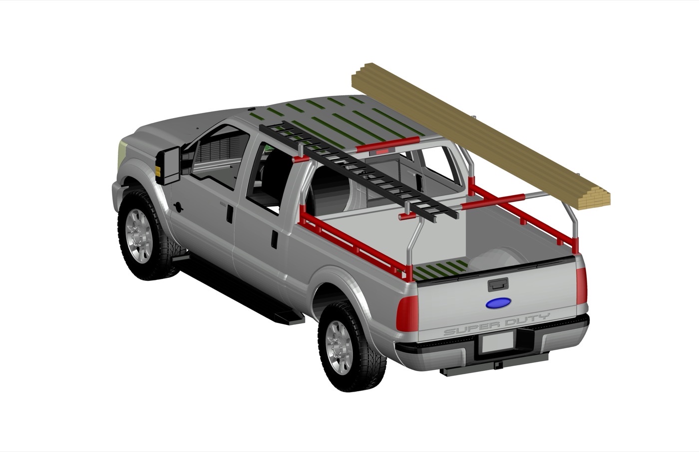 Drawing of a pickup truck with the FrostRack carrying a ladder and lumber above the bed